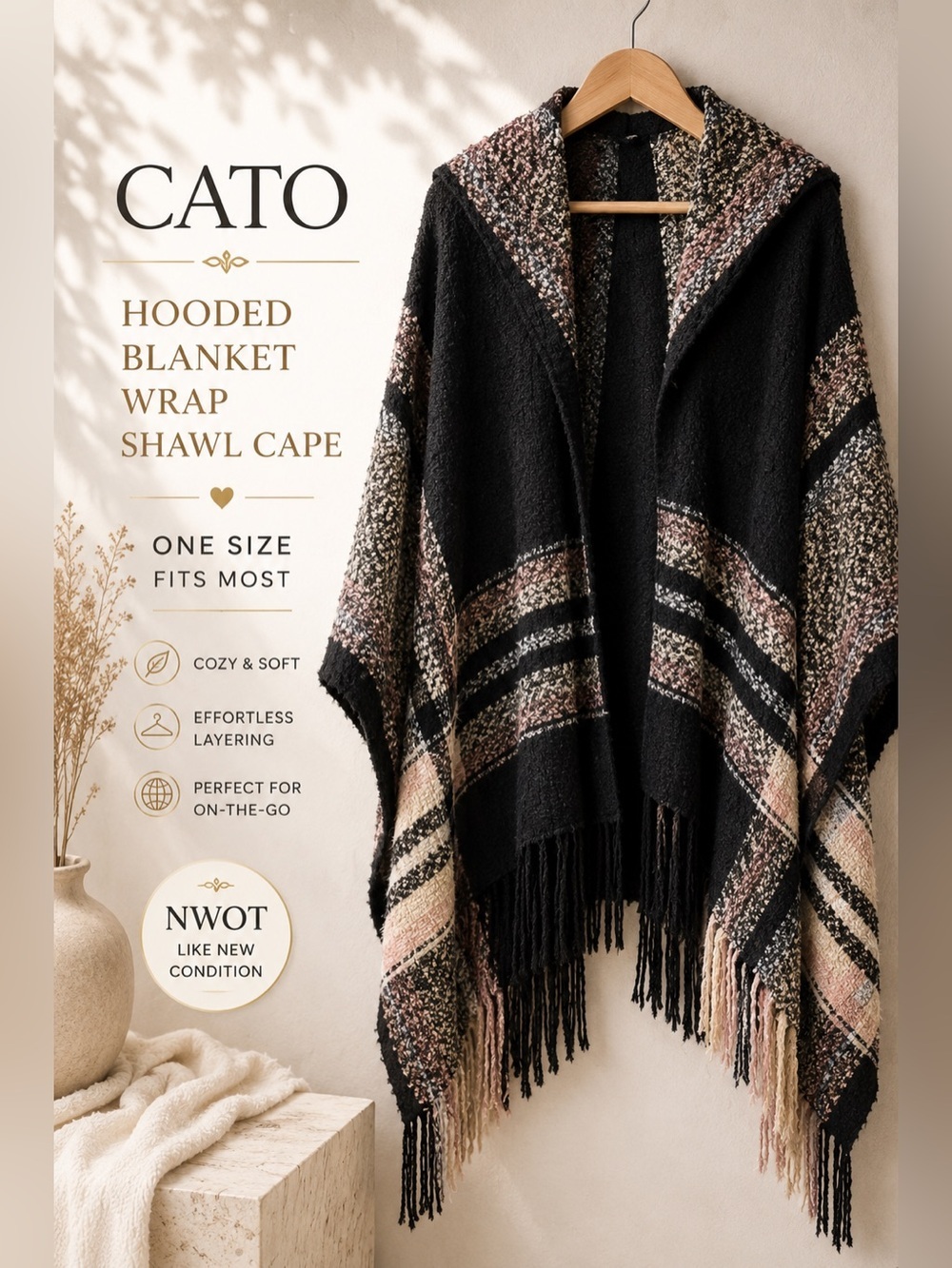 Cato Hooded Blanket Wrap Shawl Cape One Size